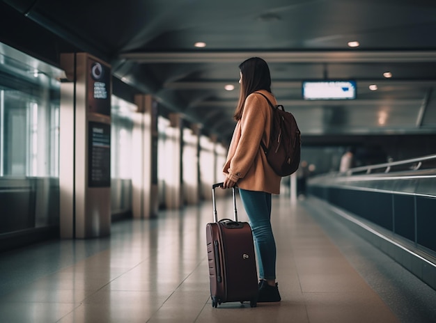 Una mujer joven va al aeropuerto con una maleta esperando el avión.