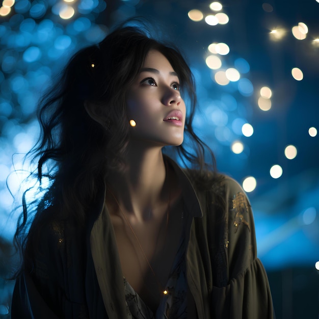 Mujer joven al aire libre con luces