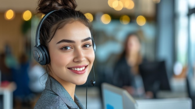 Mujer joven alegre con auriculares y trabajando en una computadora en un entorno de servicio al cliente o centro de llamadas