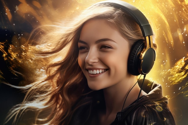 Mujer joven alegre con auriculares
