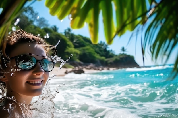 Foto mujer joven y alegre bañándose en el cálido mar tropical