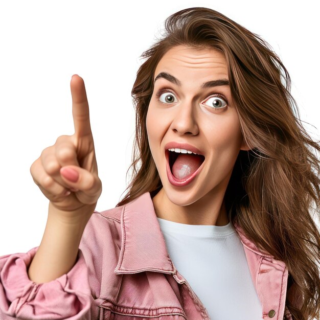 Mujer joven alegre bastante sorprendida apuntando Ai generativo