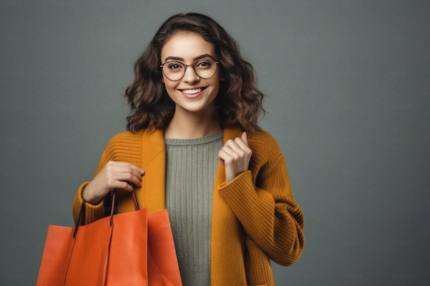 Mujer joven alegre con bolsas de compras aislada generada