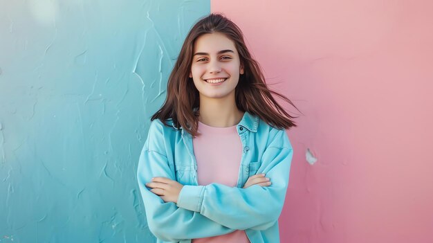 Mujer joven alegre con los brazos cruzados de pie contra un fondo azul y rosa