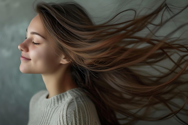 Foto mujer joven alegre con el cabello largo y giratorio