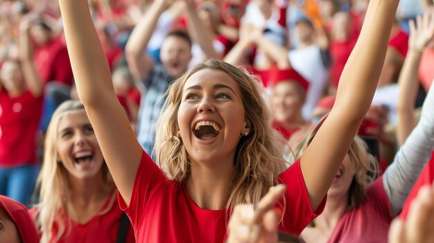 Mujer joven alegre con cabello largo y rubio en una camiseta roja en un estadio con los brazos levantados en el aire animando a su equipo favorito