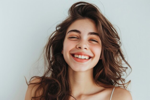 Mujer joven alegre con cabello oscuro y ondulado y una sonrisa contagiosa con un camisole ligero lleno de vida