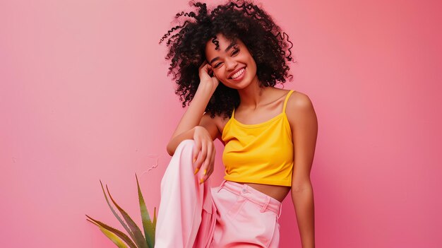 Foto mujer joven alegre con cabello rizado con camiseta amarilla y pantalones rosados sentada sobre un fondo rosado