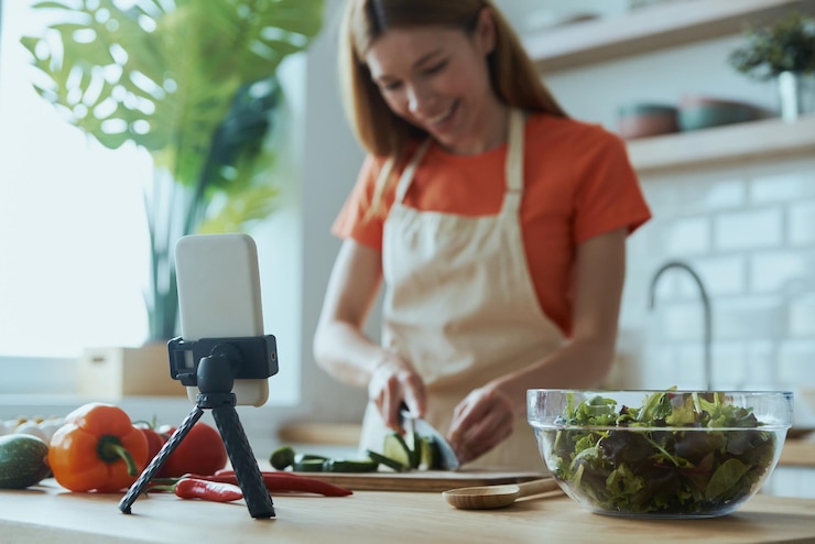 Foto mujer joven alegre cocinando y vlogging mientras está de pie en la cocina doméstica