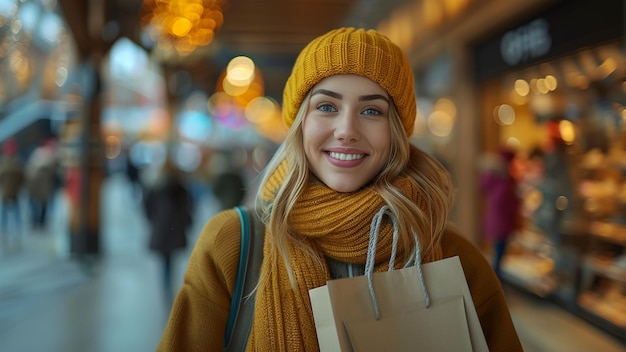 Mujer joven alegre comprando ropa de invierno