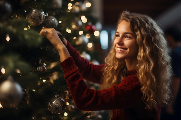 Mujer joven alegre decorando el árbol de Navidad Ambiente navideño en el acogedor interior de una casa