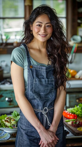 Mujer joven alegre con delantal sonriendo en la cocina de casa rústica con ingredientes frescos en la encimera