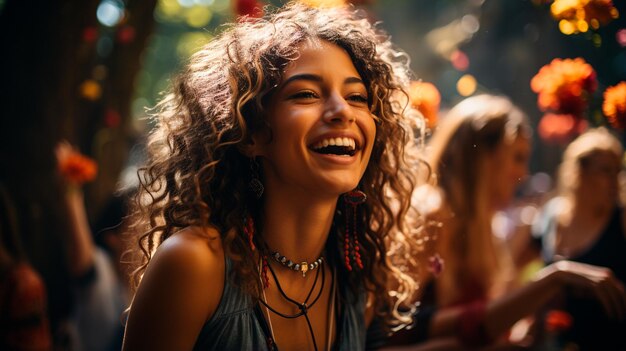 Foto mujer joven alegre disfrutando de la música en su novio