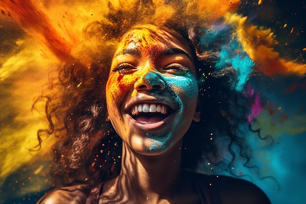 Mujer joven alegre divirtiéndose en la explosión de polvo de polvo colorido en la fiesta feliz del festival de Holi