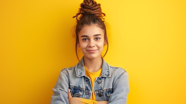 Foto mujer joven alegre con dreadlocks sonriendo a la cámara con los brazos cruzados contra un fondo amarillo