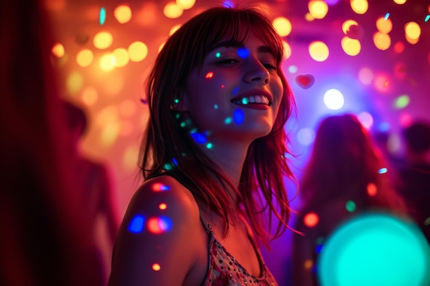 Mujer joven alegre en una fiesta con luces coloridas y efecto bokeh que expresa felicidad y celebración