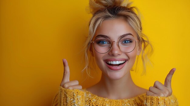 Mujer joven alegre con gafas da dos pulgares hacia arriba en un fondo amarillo