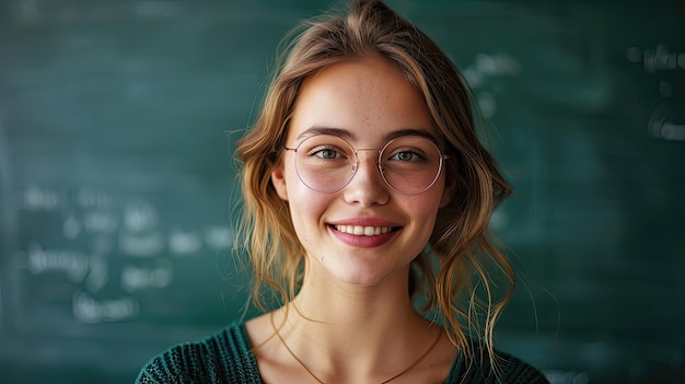 Mujer joven alegre con gafas frente a una pizarra