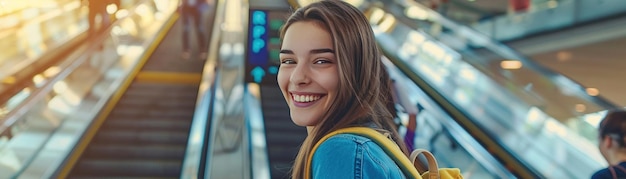 Mujer joven alegre con una mochila sonriendo en una escalera mecánica en el aeropuerto