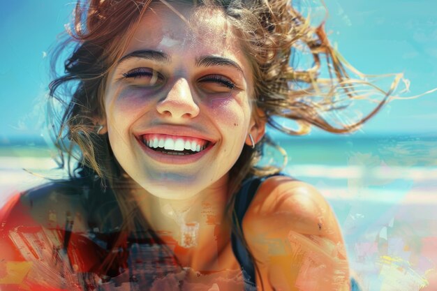 Mujer joven alegre en la playa abrazando un estilo de vida saludable