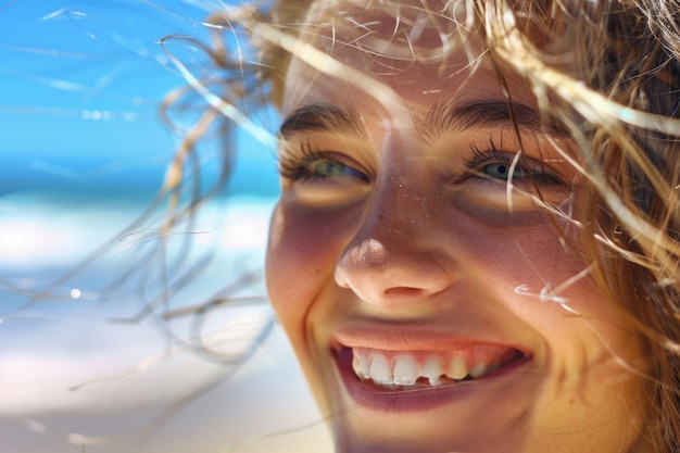 Mujer joven alegre en la playa abrazando un estilo de vida saludable