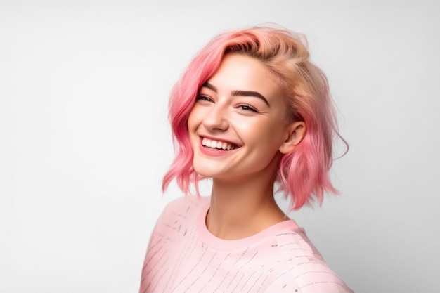 Mujer joven alegre con puntos de cabello rosado con un dedo generativo ai