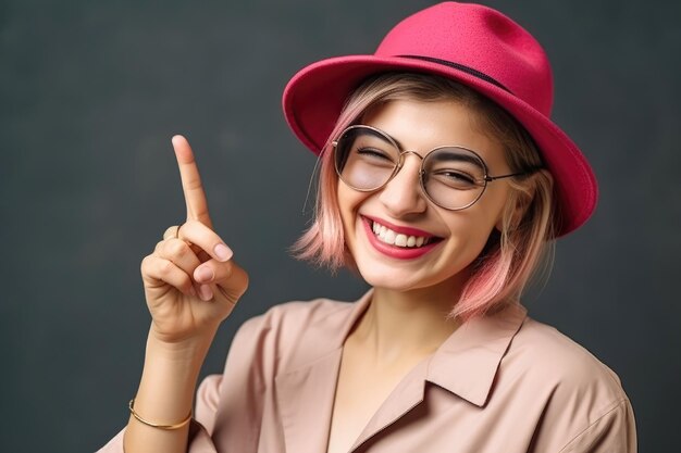 Mujer joven alegre con puntos de cabello rosado con un dedo generativo ai