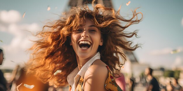 Mujer joven alegre riendo con franqueza al aire libre con el pelo suelto en el momento de felicidad AI