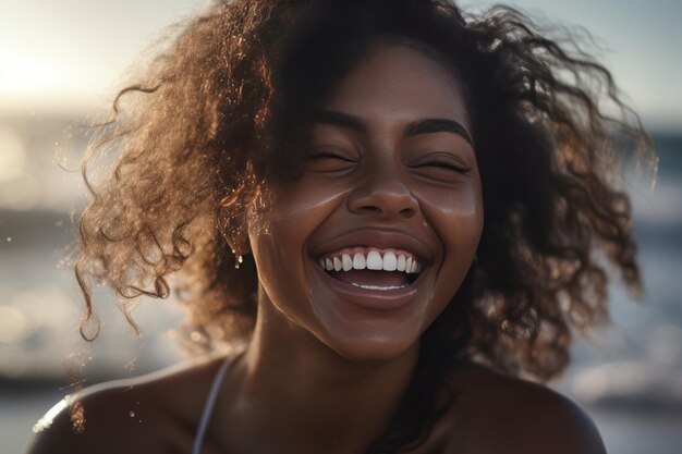 Mujer joven alegre riendo en la playa en olas naturalistas bajo la luz dorada con Sterling