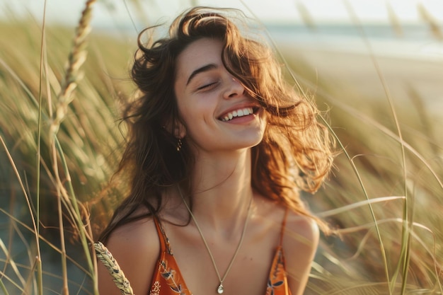 Mujer joven alegre sonriendo en un campo soleado de hierba alta con un fondo de playa de enfoque suave