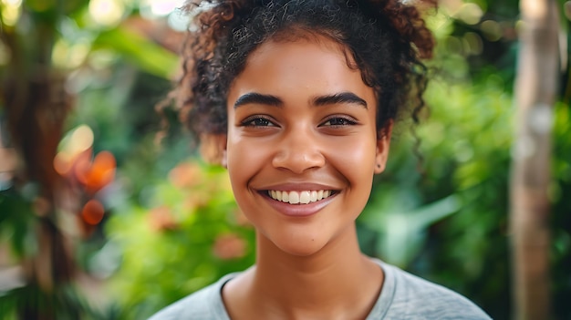 Mujer joven alegre con sonrisa dentada y cabello rizado disfrutando de un cálido día de verano en un jardín tropical