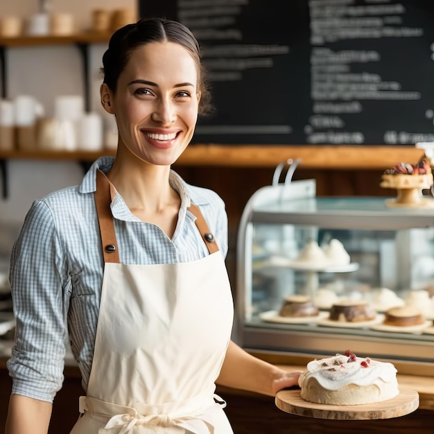 Mujer joven alegre con una sonrisa vestida con un delantal que dirige una pequeña cafetería y pastelería