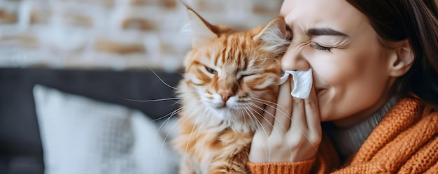 Mujer joven con alergia a la piel estornuda mientras juega con su gato en casa