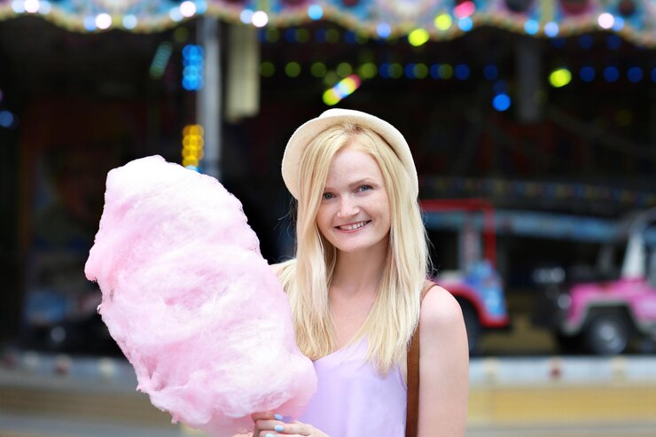 Foto mujer joven, con, algodón de azúcar, en, parque de atracciones