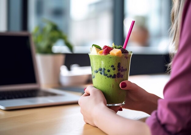 Foto mujer joven durante el almuerzo en la oficina con batido frescoai generative