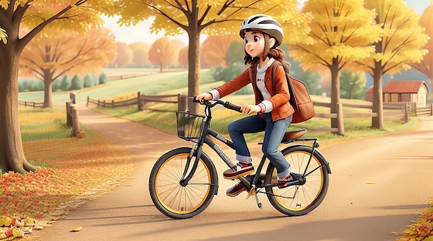 Mujer joven andar en bicicleta en el paisaje rural de otoño