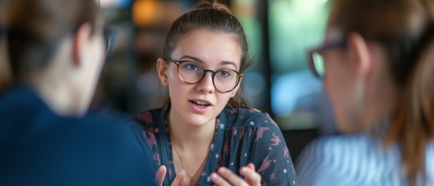 Mujer joven animada con gafas involucrada en una conversación animada sobre el café con amigos