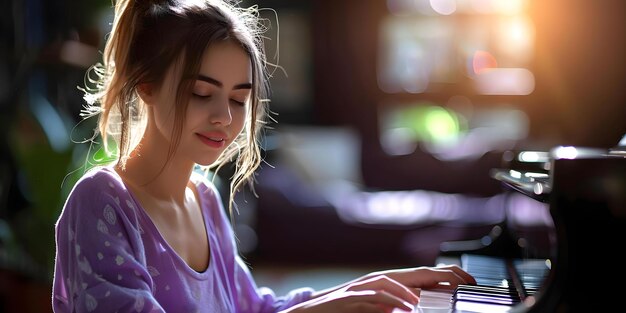 Foto mujer joven apasionada tocando el piano y cantando en casa para seguir su pasatiempo en la música concepto de música en el hogar pasión por cantar y tocar el piano siguiendo el pasatiempo