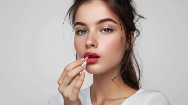 Mujer joven aplicando bálsamo labial sobre un fondo gris