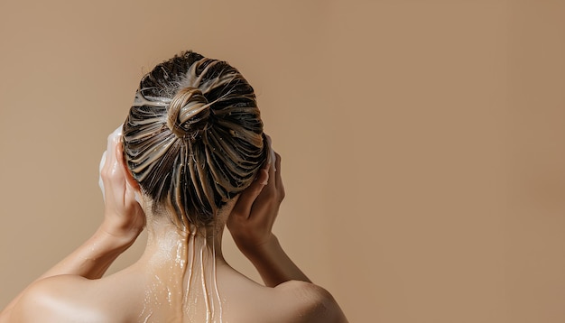 Mujer joven aplicando una máscara para el cabello sobre un fondo beige