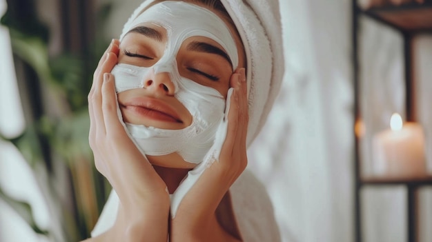 Mujer joven aplicando máscara facial para el cuidado de la piel Concepto de belleza y bienestar