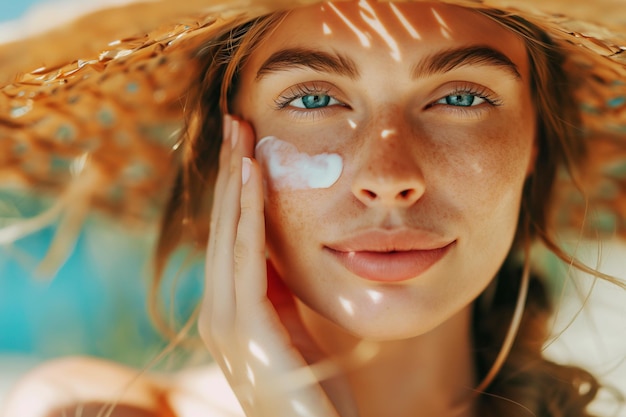 Mujer joven aplicando protector solar a su cara en la playa en un soleado día de verano