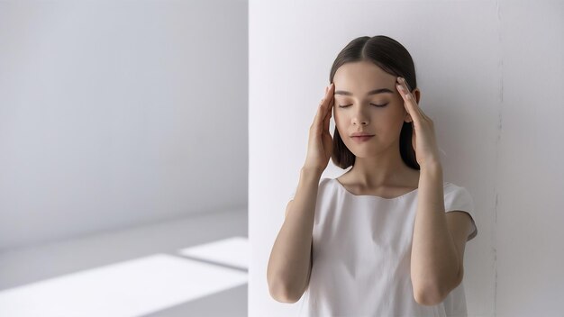 Foto mujer joven aplicando una suave presión en la tempestad de su cabeza sobre un fondo blanco