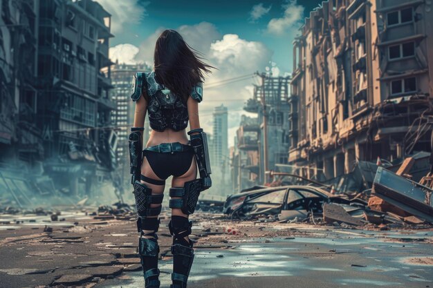 Una mujer joven con una armadura de batalla futurista de pie en una calle destruida después de una guerra cósmica