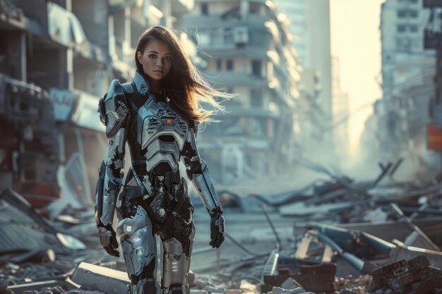 Una mujer joven con una armadura de batalla futurista de pie en una calle destruida después de una guerra cósmica
