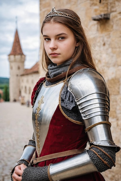 Foto una mujer joven en armadura medieval de pie frente a un castillo