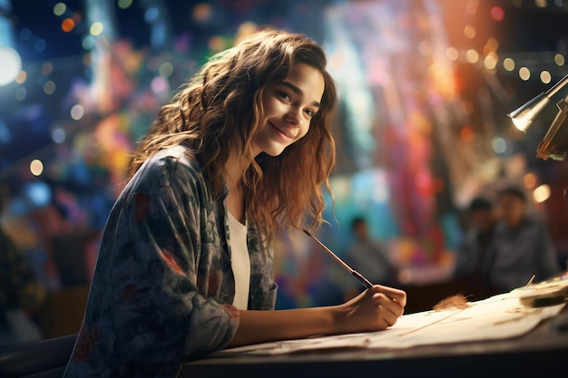 Mujer joven artista pintora feliz en el estudio por la noche con IA generativa