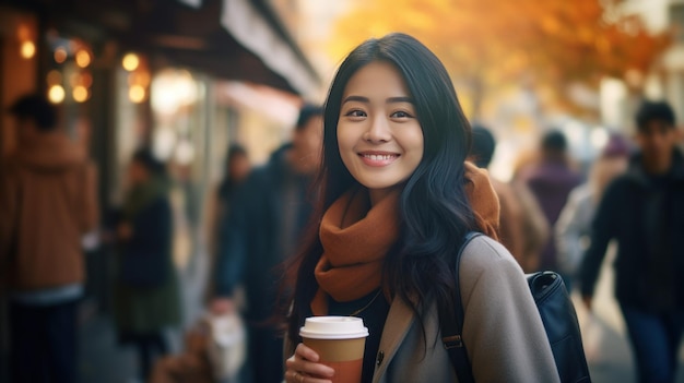 Mujer joven asiática bebiendo café en la calle sosteniendo una taza de café de papel togo estudiante