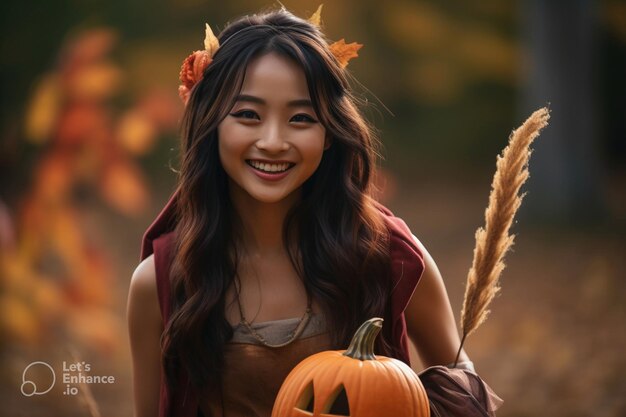 Foto mujer joven asiática con una calabaza de halloween sonriendo a la cámara