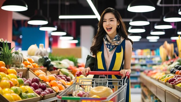 Mujer joven asiática comprando comestibles en el supermercado y el carrito